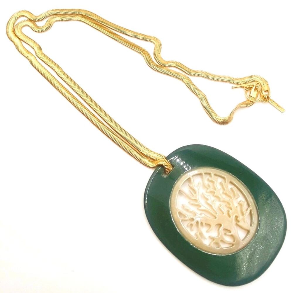 Jared Jamin Vintage Necklace Tree of Life Green lucite 18k Gold Plated 36”